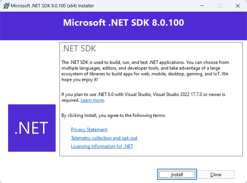Image of the .NET installation window