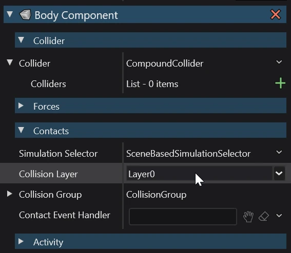 Image of the Collision Layer property on a Body component